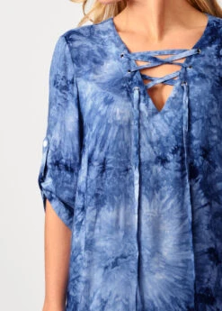Blue Tie Dye Lace Up Blouse -Rosewe Promotion Store 287688 P 16376591816614