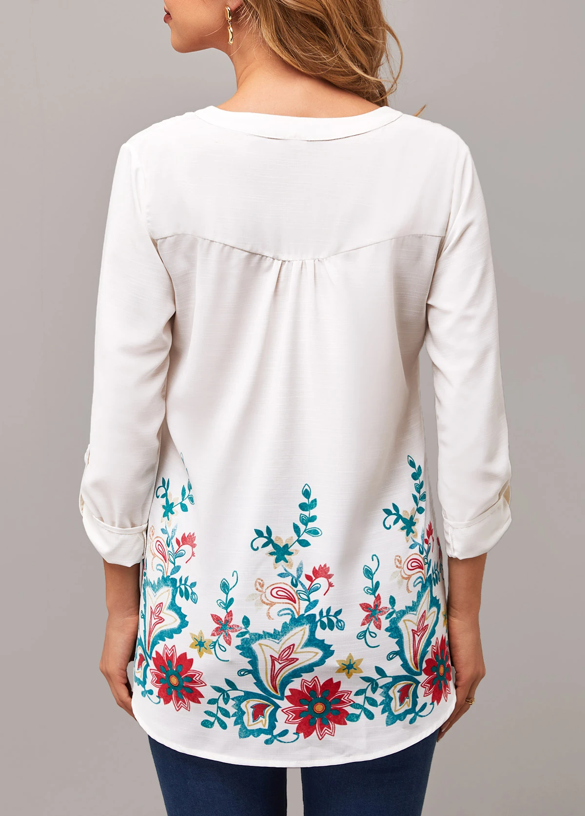 Floral Print Split Neck Roll Tab Sleeve Blouse 4 Floral Print Split Neck Roll Tab Sleeve Blouse - Image 2