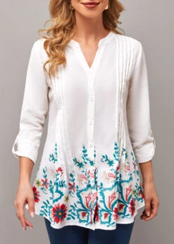 Floral Print Split Neck Roll Tab Sleeve Blouse