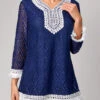 Lace Tassel Navy Blue 3/4 Sleeve T Shirt 1 Lace Tassel Navy Blue 3/4 Sleeve T Shirt -Rosewe Promotion Store 288091 P 16376602870603