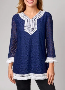 Lace Tassel Navy Blue 3/4 Sleeve T Shirt -Rosewe Promotion Store 288091 P 16376602874310