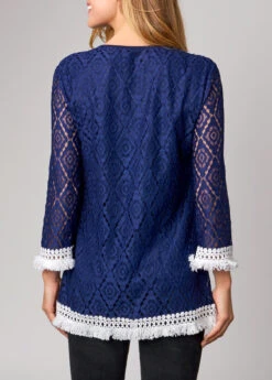 Lace Tassel Navy Blue 3/4 Sleeve T Shirt -Rosewe Promotion Store 288091 P 16376602874401