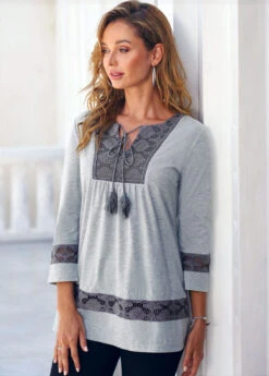 Lace Panel Grey Tassel 3/4 Sleeve Blouse -Rosewe Promotion Store 288333 P 16393890005392