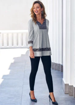 Lace Panel Grey Tassel 3/4 Sleeve Blouse -Rosewe Promotion Store 288333 P 16393890006054