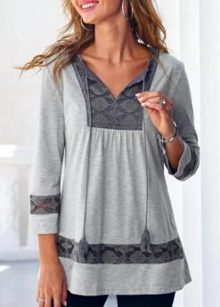 Lace Panel Grey Tassel 3/4 Sleeve Blouse