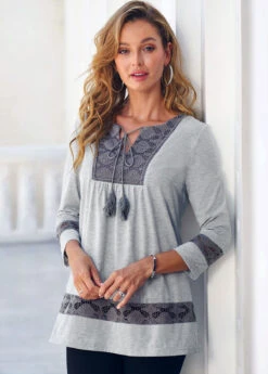 Lace Panel Grey Tassel 3/4 Sleeve Blouse -Rosewe Promotion Store 288333 P 16393890009693