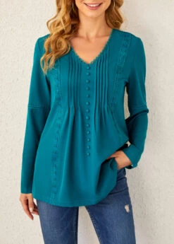 Crinkle Chest Lace Stitching Peacock Blue Blouse -Rosewe Promotion Store 288375 P 16395301950183