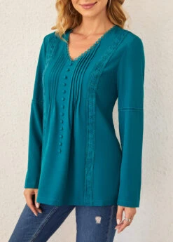 Crinkle Chest Lace Stitching Peacock Blue Blouse -Rosewe Promotion Store 288375 P 16395301957972