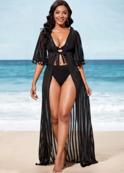 Black Tie Front 3/4 Sleeve Sheer Cover Up