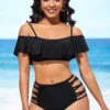 Black Flounce Lace Up Mid Waist Bikini Set -Rosewe Promotion Store 288695 P 16372190896980