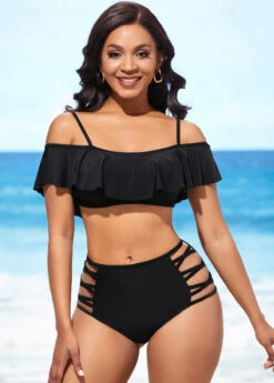 Black Flounce Lace Up Mid Waist Bikini Set