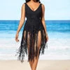 Belted Tassel Hem Black One Piece Swimwear
