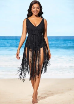 Belted Tassel Hem Black One Piece Swimwear