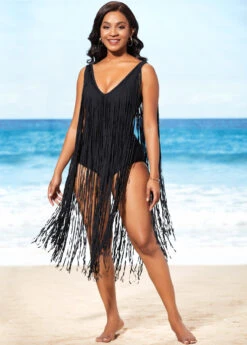 Belted Tassel Hem Black One Piece Swimwear -Rosewe Promotion Store 288702 P 16372190692213