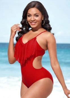 Tassel Spaghetti Strap Red One Piece Swimwear -Rosewe Promotion Store 288703 P 16372311760842