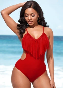 Tassel Spaghetti Strap Red One Piece Swimwear