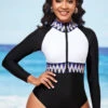Quarter Zip Chevron Print Color Block One Piece Swimwear -Rosewe Promotion Store 288748 P 16373168024490