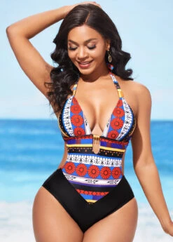 Tie Back Metal Pendant Tribal Print One Piece Swimwear