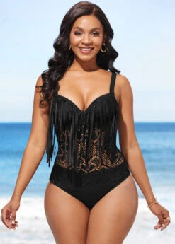 Tassel Lace Patchwork Black One Piece Swimwear -Rosewe Promotion Store 288753 P 16479435576572
