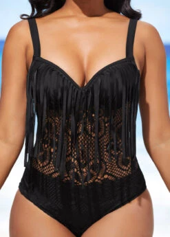 Tassel Lace Patchwork Black One Piece Swimwear -Rosewe Promotion Store 288753 P 16479435576763