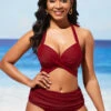 Wine Red Mid Waist Halter Bikini Set -Rosewe Promotion Store 288759 P 16381853224730