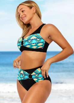 Tribal Print Black High Waisted Cross Strap Bikini Set -Rosewe Promotion Store 288785 P 16389654012122
