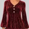 Velvet Stitching Hot Stamping Wine Red Blouse -Rosewe Promotion Store 288824 P 1637056224150