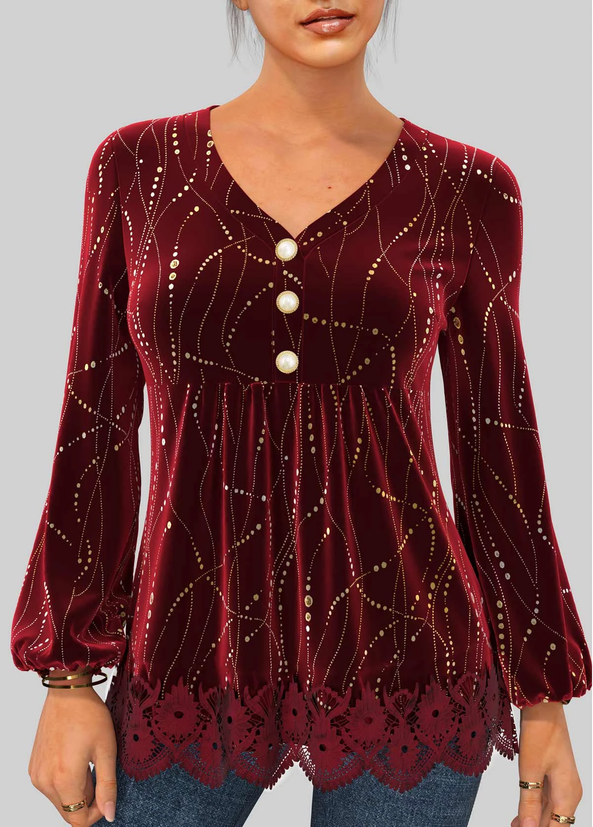 Velvet Stitching Hot Stamping Wine Red Blouse 3 Velvet Stitching Hot Stamping Wine Red Blouse
