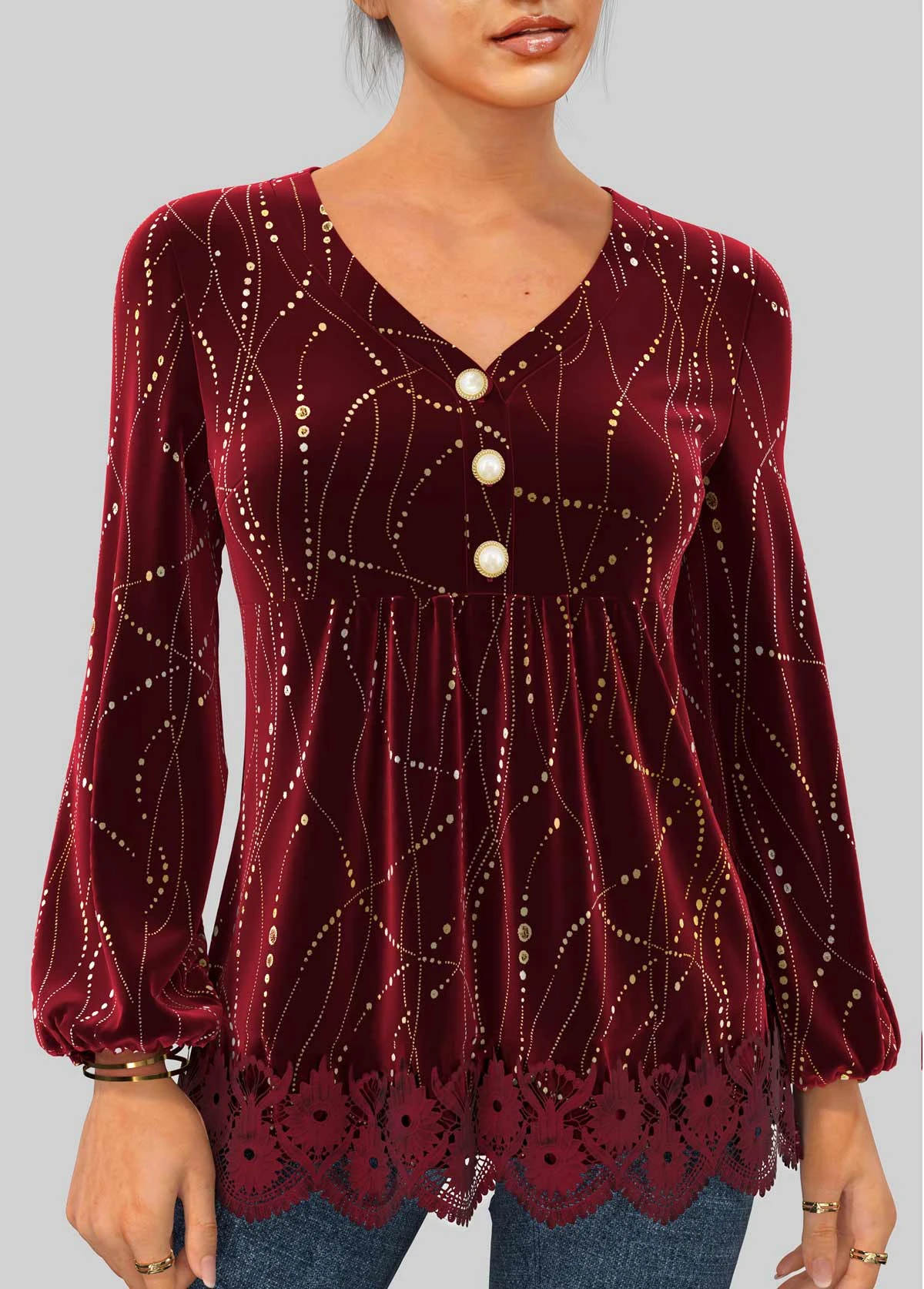 Velvet Stitching Hot Stamping Wine Red Blouse 4 Velvet Stitching Hot Stamping Wine Red Blouse - Image 2