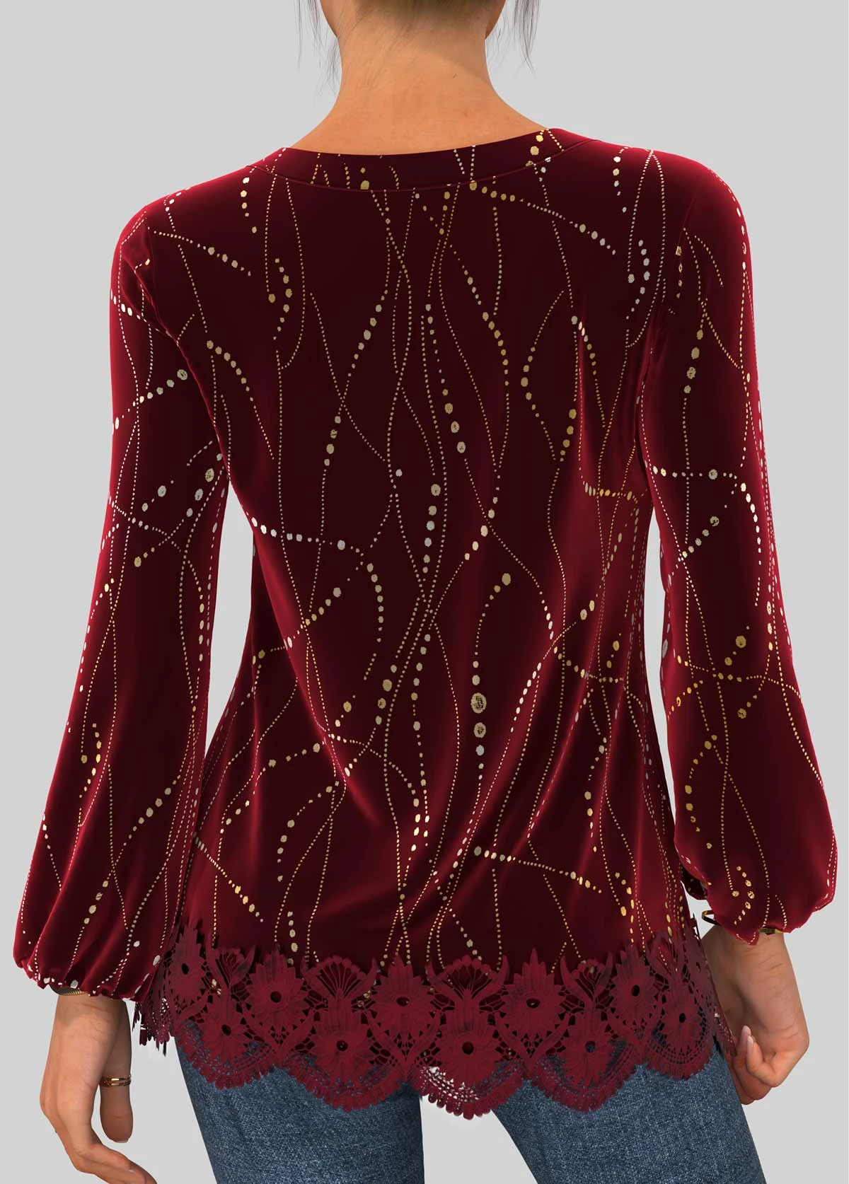 Velvet Stitching Hot Stamping Wine Red Blouse 5 Velvet Stitching Hot Stamping Wine Red Blouse - Image 3