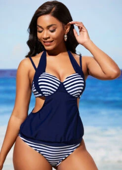 Striped Halter Navy Blue Tankini Set -Rosewe Promotion Store 288869 P 16417991020193