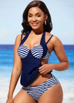 Striped Halter Navy Blue Tankini Set -Rosewe Promotion Store 288869 P 16417991039594