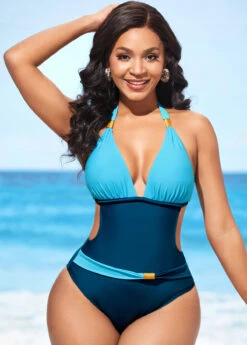 Cutout Tie Back Peacock Blue One Piece Swimwear -Rosewe Promotion Store 288874 P 16372195370093