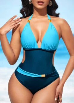 Cutout Tie Back Peacock Blue One Piece Swimwear