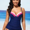 Navy Blue Contrast Stitch Decorative Button Tankini Set -Rosewe Promotion Store 288876 P 16381853222490