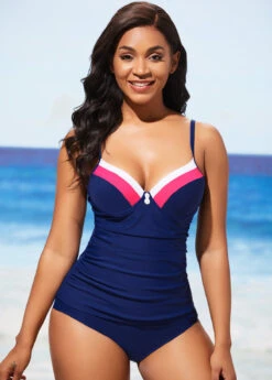 Navy Blue Contrast Stitch Decorative Button Tankini Set