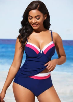 Navy Blue Contrast Stitch Decorative Button Tankini Set -Rosewe Promotion Store 288876 P 16381853223153