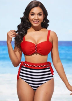 Color Block High Waisted Stripe Print Bikini Set