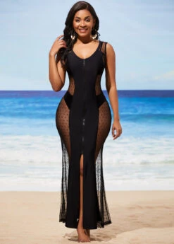 Mesh Stitching Black Zipper Closure Cover Up Dress