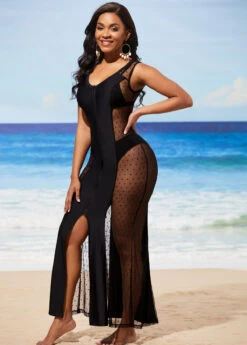 Mesh Stitching Black Zipper Closure Cover Up Dress -Rosewe Promotion Store 288993 P 16479435513333