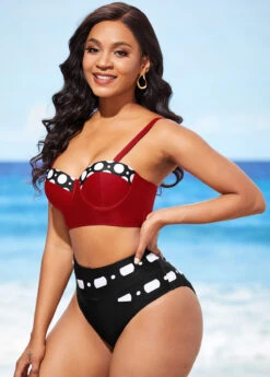 Color Block High Waisted Polka Dot Bikini Set -Rosewe Promotion Store 289002 P 16424152201092
