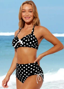 Polka Dot High Waisted Halter Black Bikini Set -Rosewe Promotion Store 289067 P 16387911833552