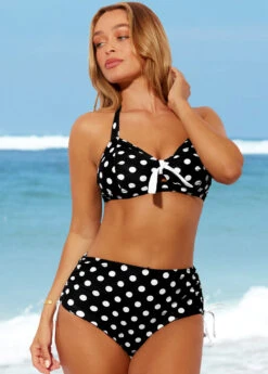 Polka Dot High Waisted Halter Black Bikini Set