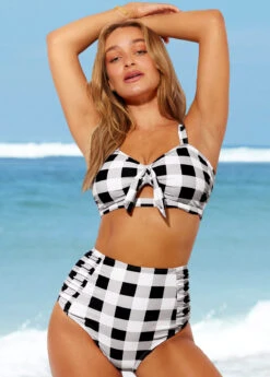 Tie Front High Waisted Plaid Bikini Set -Rosewe Promotion Store 289068 P 16388821785220