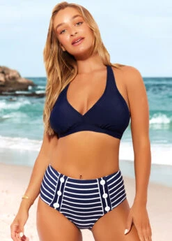 Striped Halter Nautical Navy Blue Bikini Set -Rosewe Promotion Store 289079 P 16478488021848