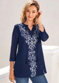 Tribal Print Navy Blue Split Neck Blouse -Rosewe Promotion Store 289099 P 16381712101984