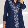Tribal Print Navy Blue Split Neck Blouse -Rosewe Promotion Store 289099 P 16381712102370