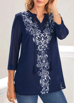 Tribal Print Navy Blue Split Neck Blouse