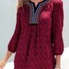 Wine Red Textured Fabric Split Neck Blouse -Rosewe Promotion Store 289100 P 16383567250650