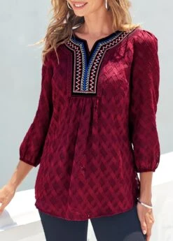Wine Red Textured Fabric Split Neck Blouse